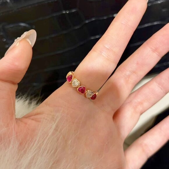 Aquamarine/ Red Corundum Ring, Drip Glaze Black/White Medieval Enamel Ring - Picture 8 of 9